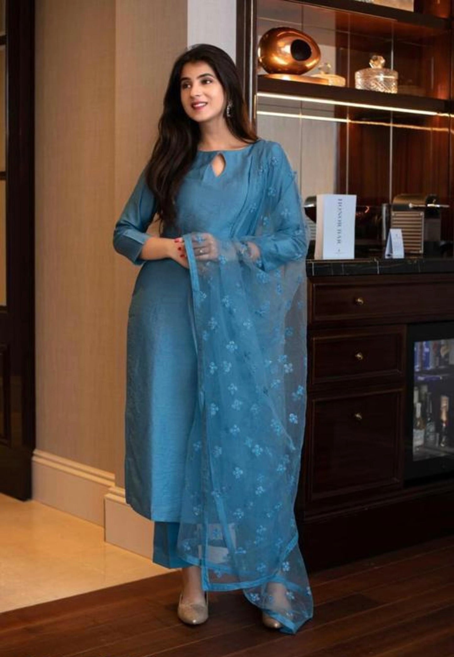 Peacock Blue Chifffon Kurta Set With Dupatta