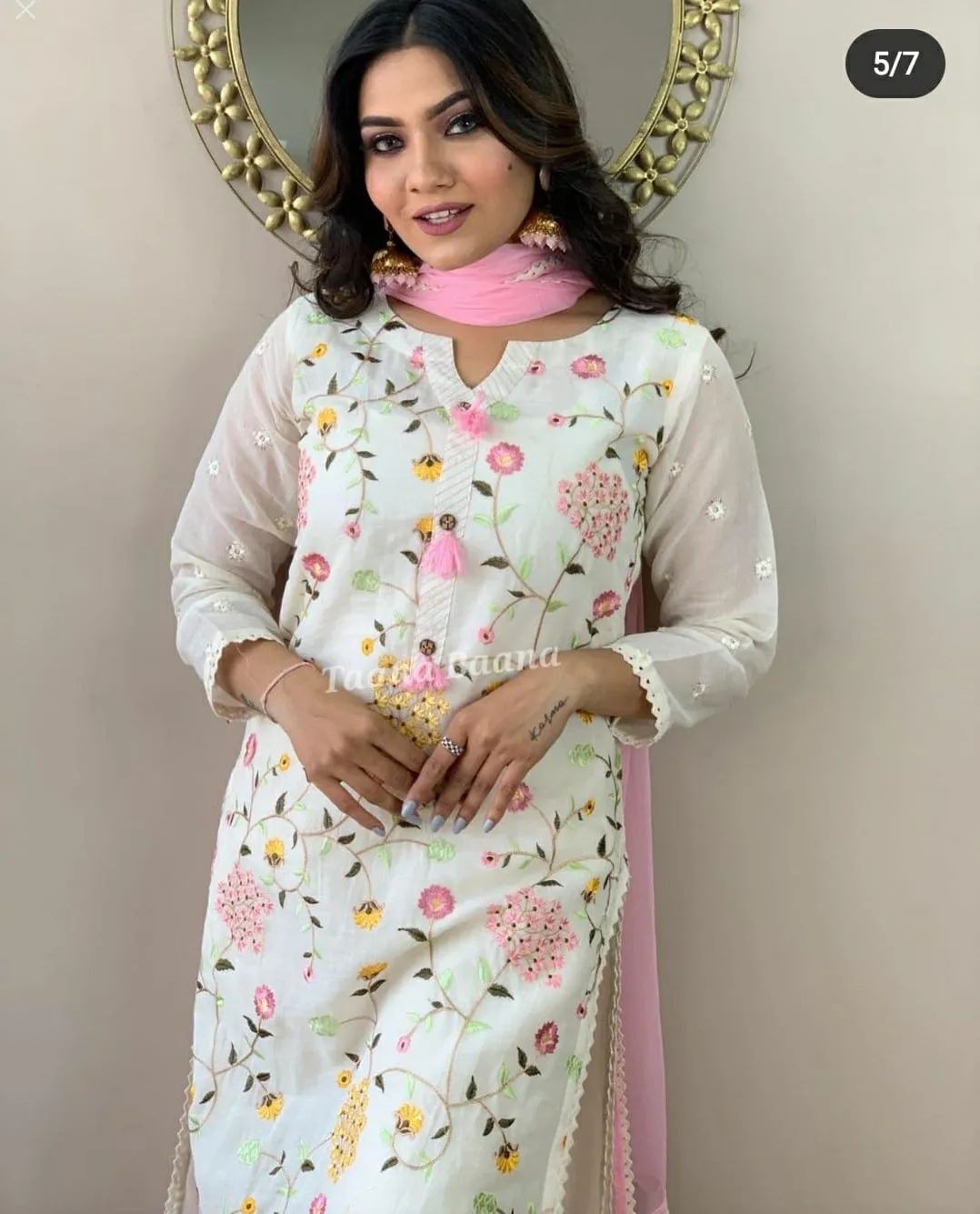 White and Pink Floral Embroidered Cotton Kurta Set