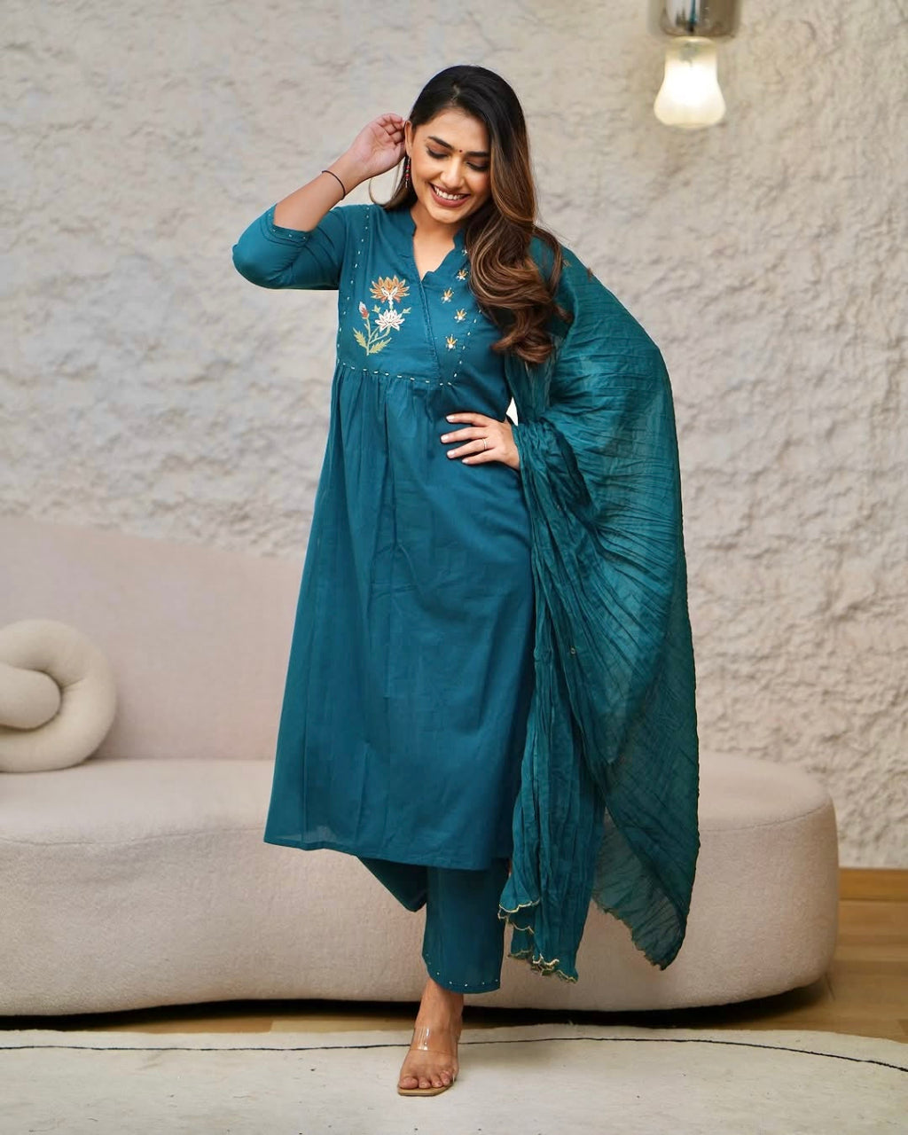 Embroidered Angrakha Style Cotton Kurta Set