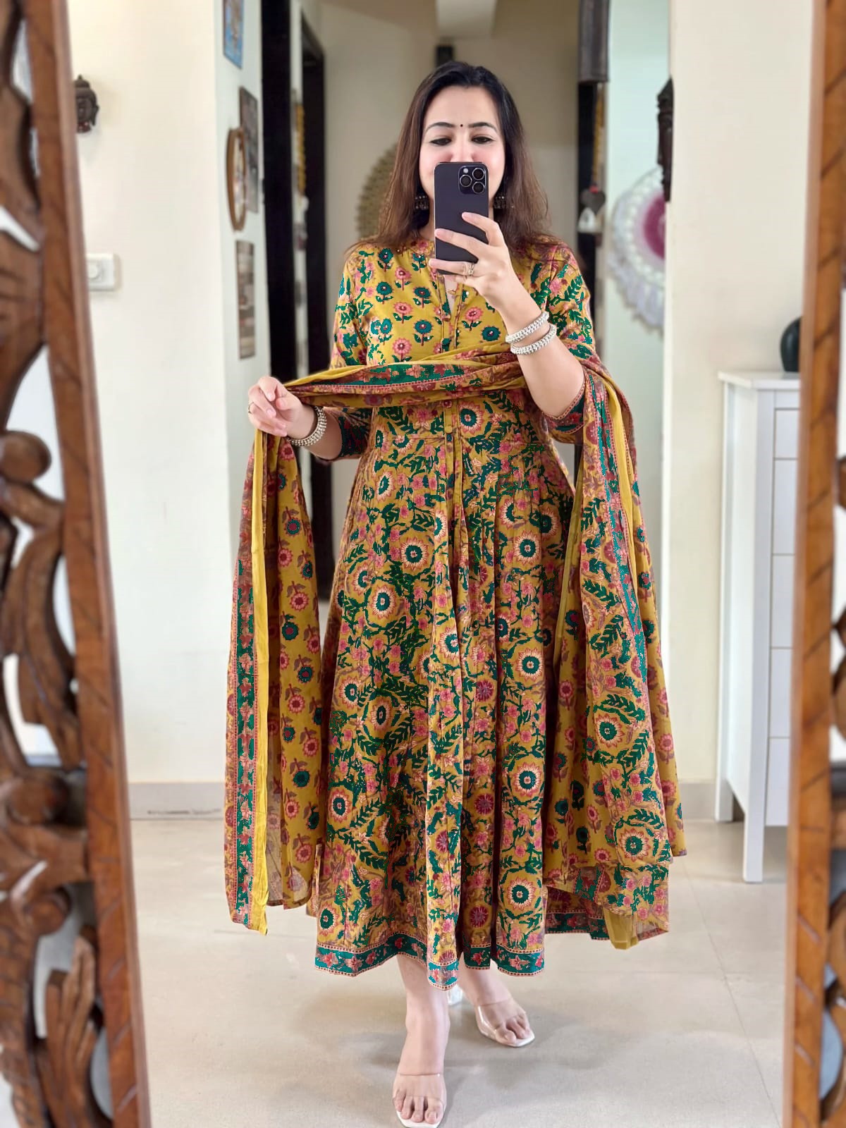 Mustard Yellow & Green Front Slit Kurta Set