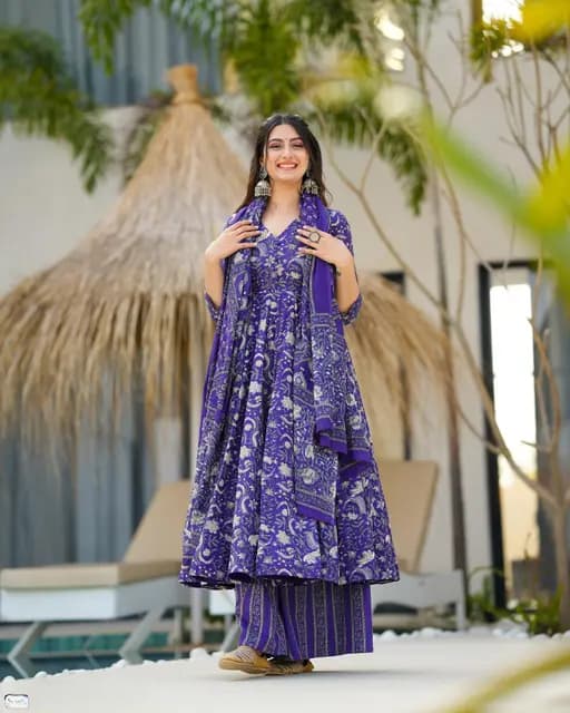 Purple Printed Cotton Anarkali Set