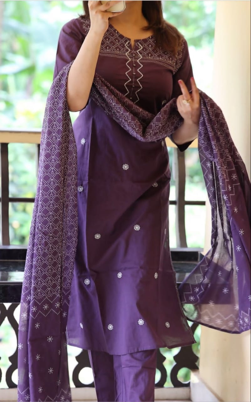 Dark Purple Embroidered Kurta Set