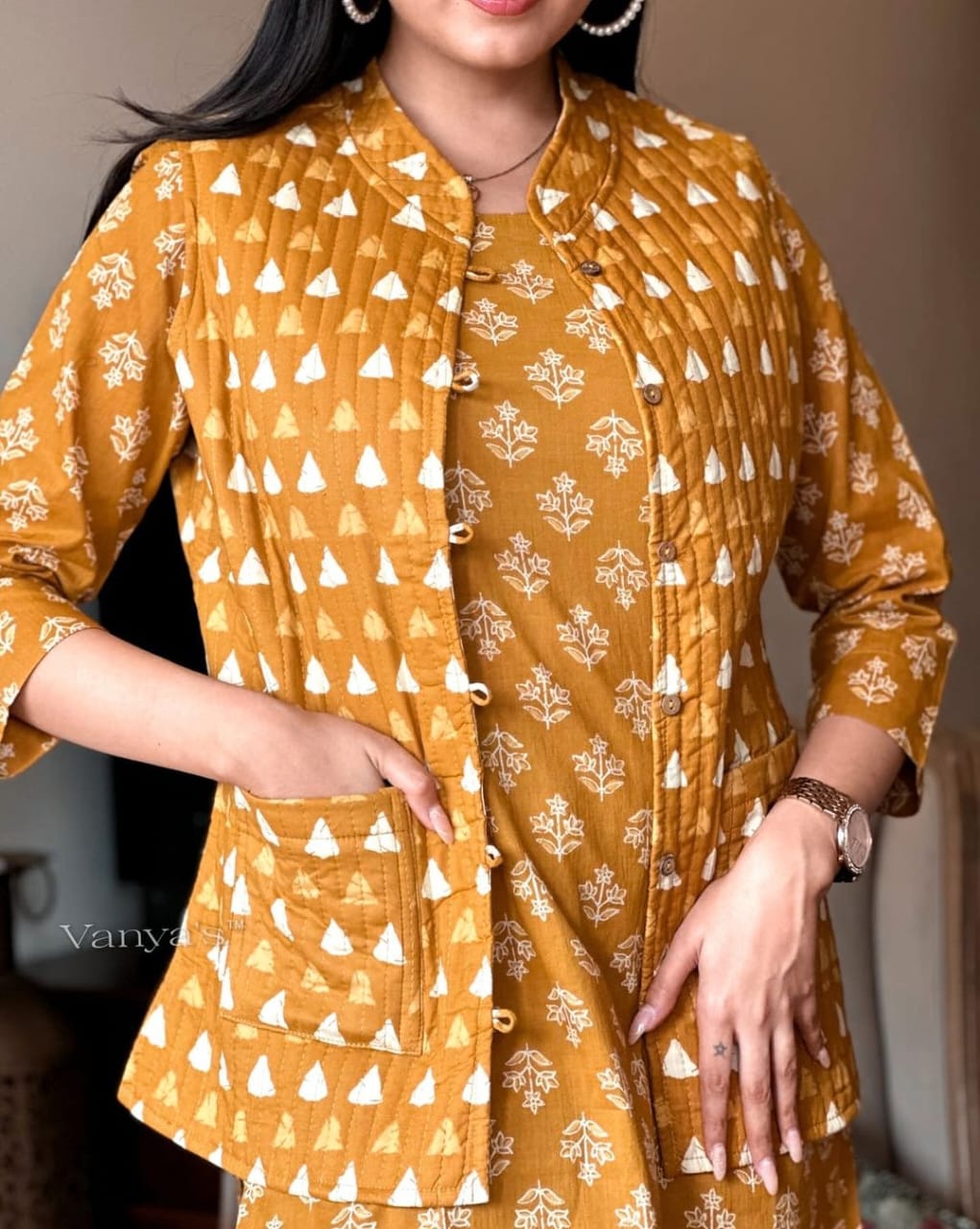 Mustard Yellow Cotton Kurta Set with Jacket