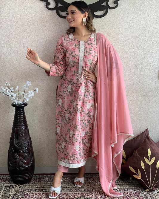 Pink Floral Lacework Cotton Kurta Set