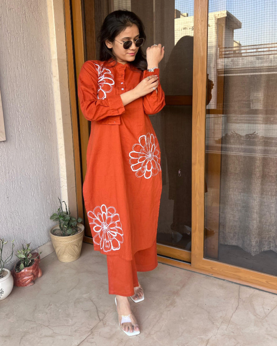 Orange Flower Embroidered Kurta Set