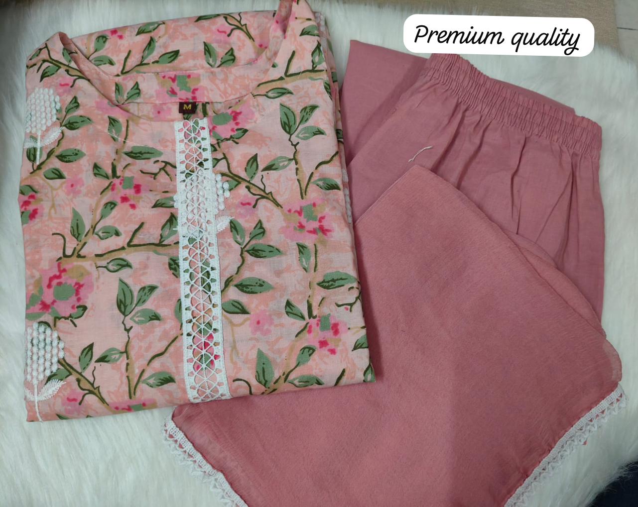 Pink Floral Lacework Cotton Kurta Set