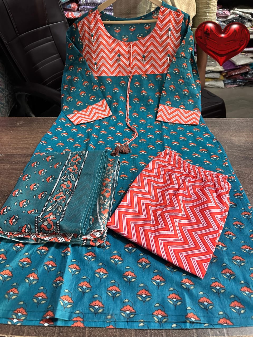 Green and Orange Cotton Kurta Set