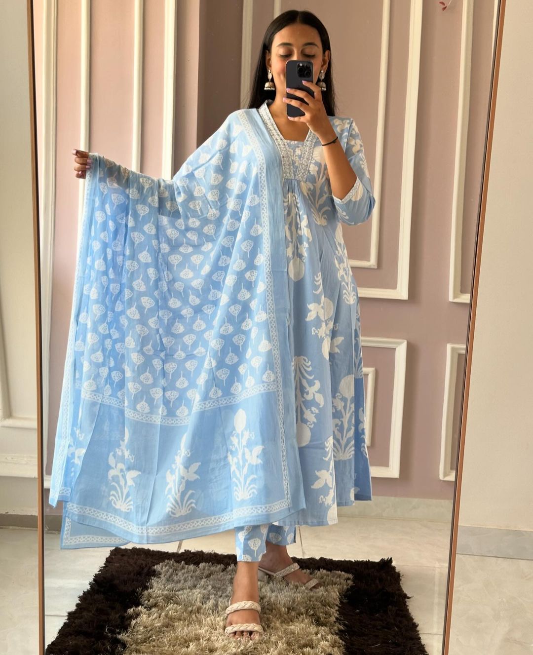 Blue Cotton Sanganer Print Kurta Set