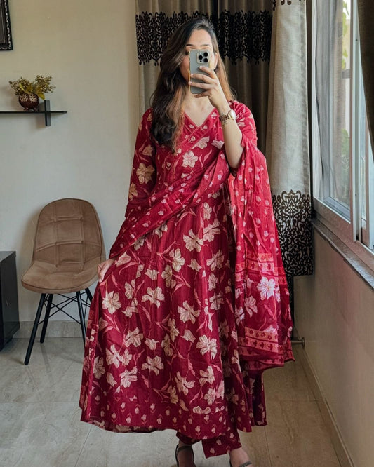 Red and Beige Cotton Anarkali Kurta Set