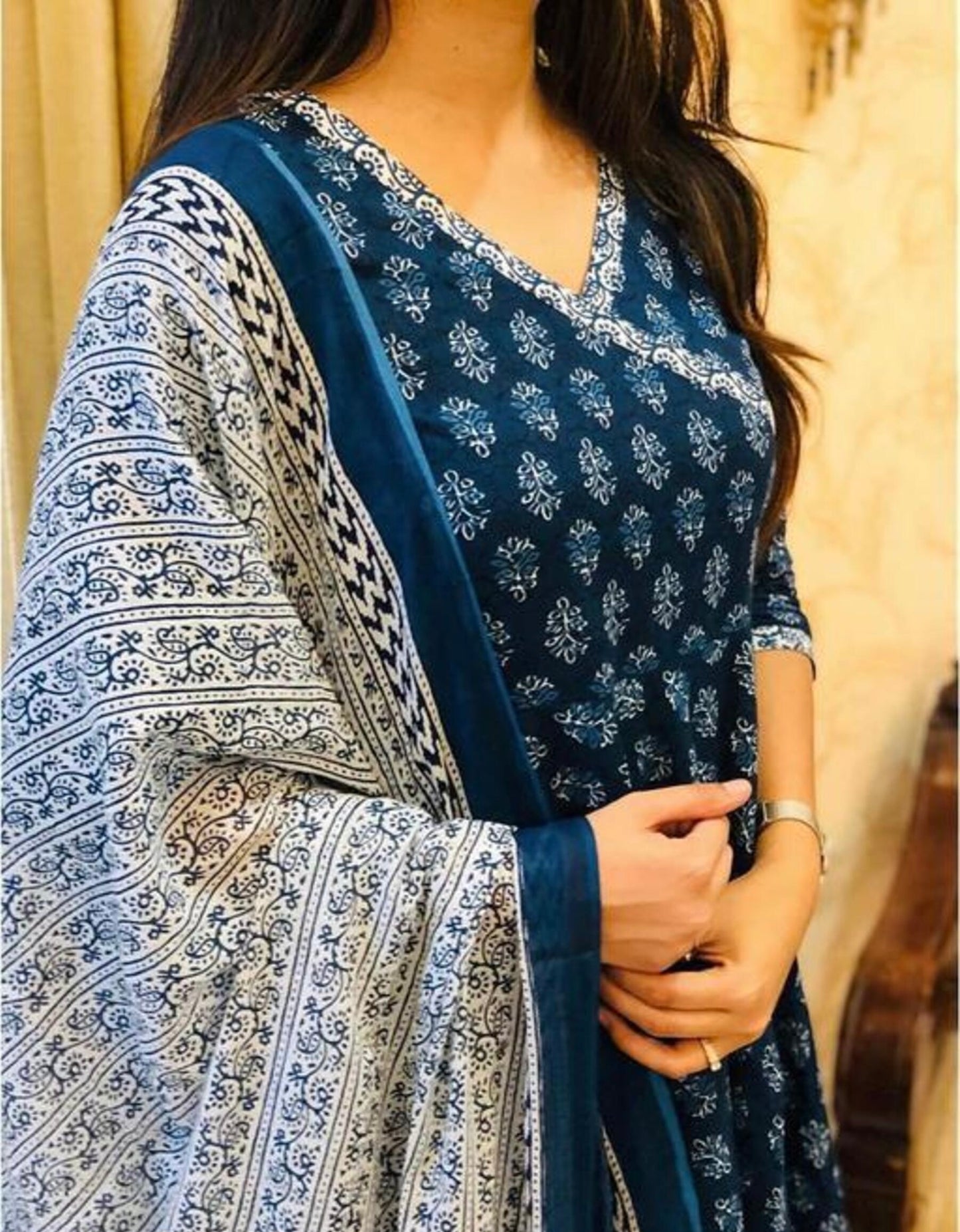 Navy Blue Block Printed Anarkali Kurta Set With Dupatta