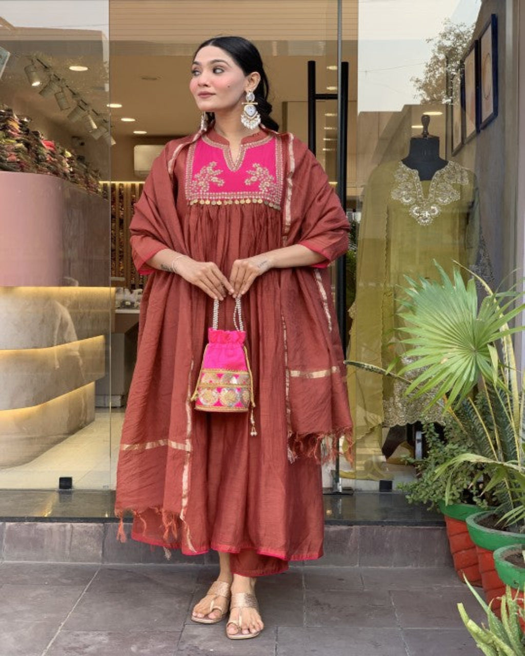 Rust Brown Embellished Kurta Set