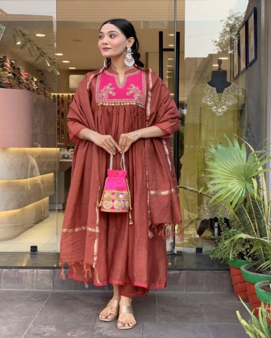 Rust Brown Embellished Kurta Set