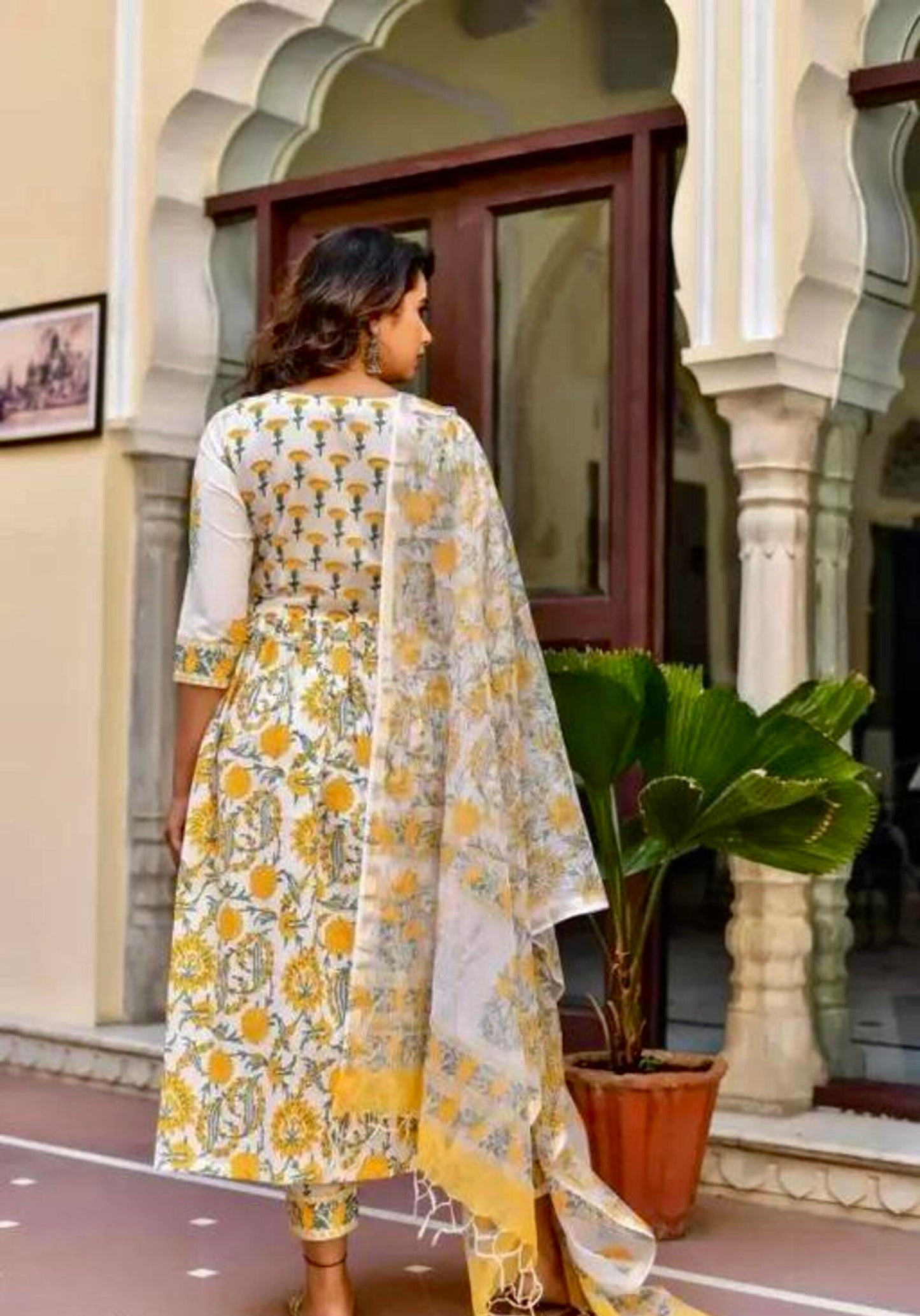 Yellow Cotton Anarkali Kurta Set With Kota Doria Dupatta