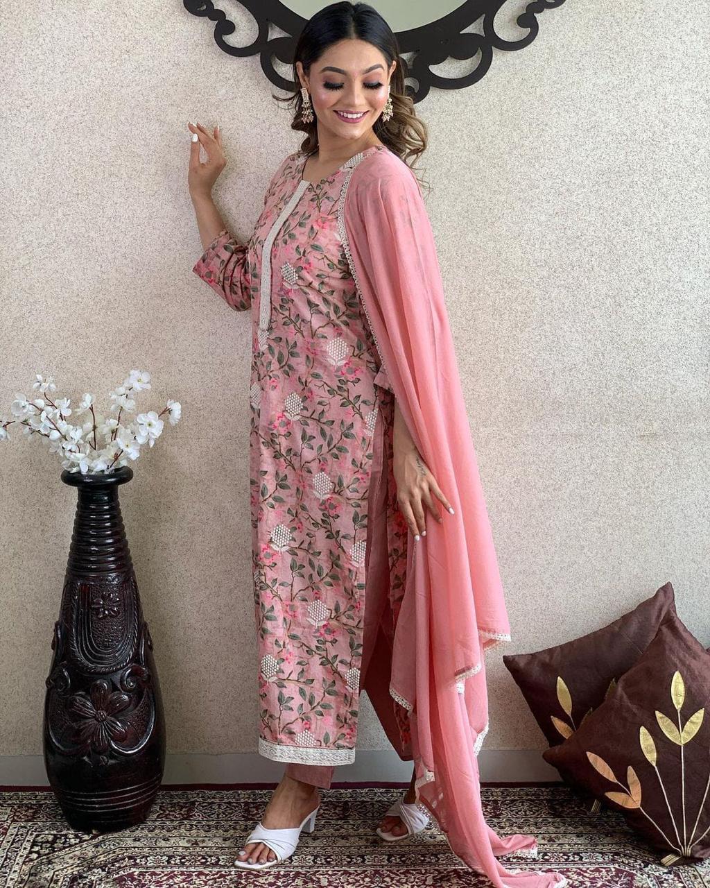 Pink Floral Lacework Cotton Kurta Set