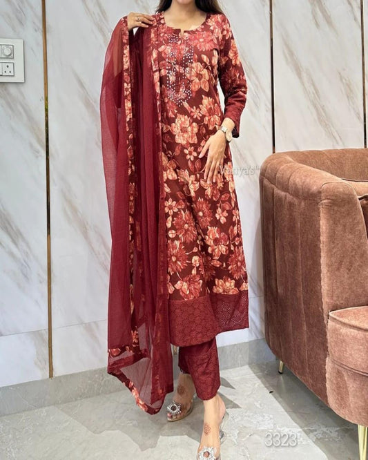 Brown Printed Schiffli Lace Kurta Set