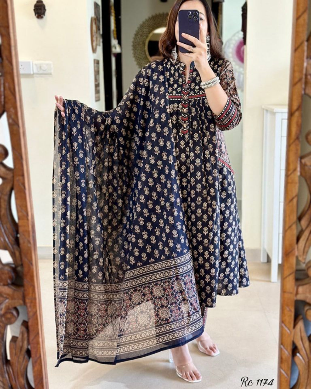Black Printed Front Slit Cotton Kurta Set