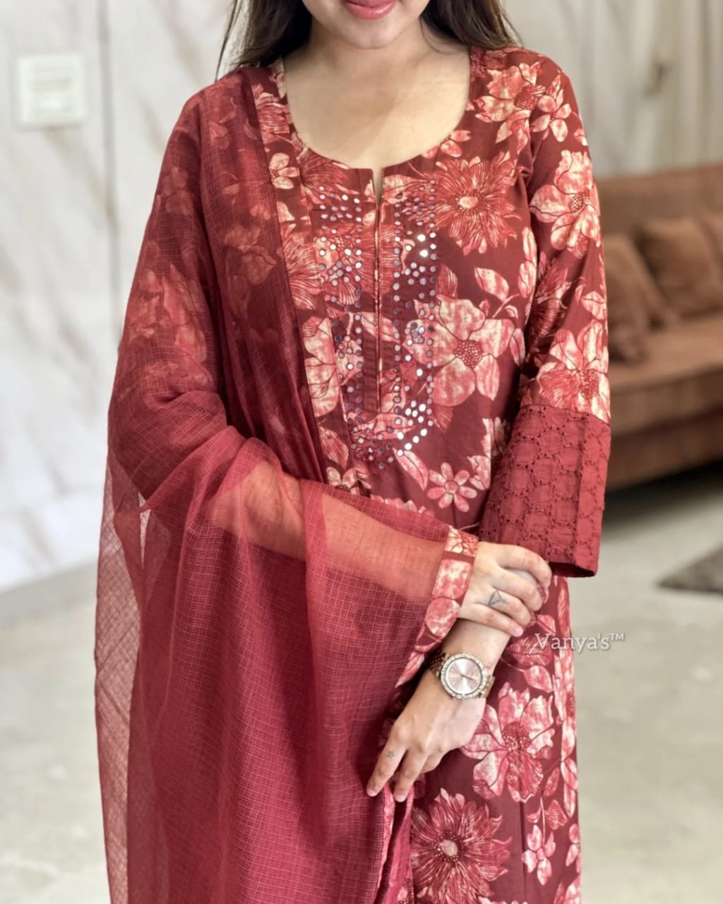 Brown Printed Schiffli Lace Kurta Set