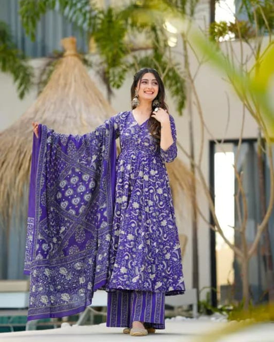 Purple Printed Cotton Anarkali Set