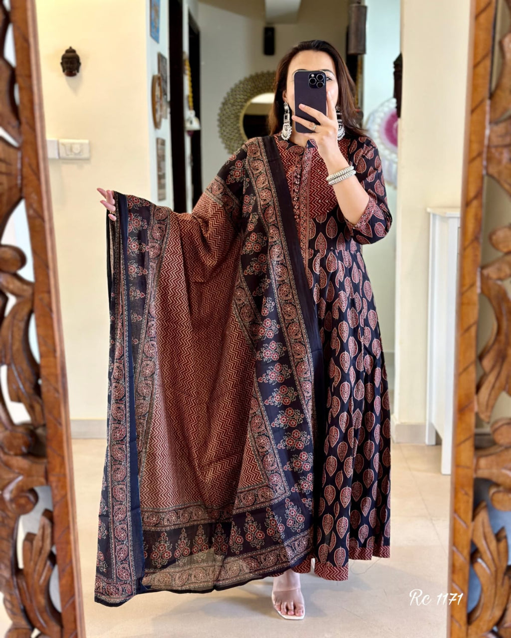 Brown and Black Block Printed Kurta Set