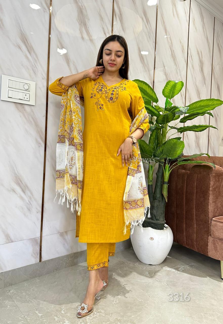 Yellow Handloom Paisley Embroidered  Kurta Set