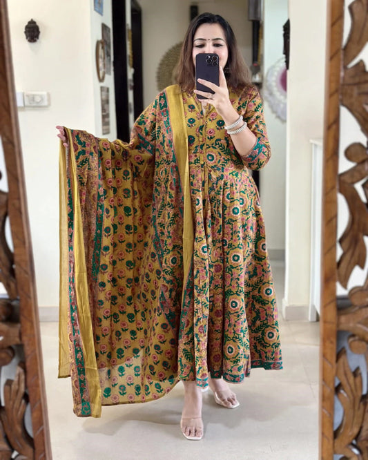 Mustard Yellow & Green Front Slit Kurta Set