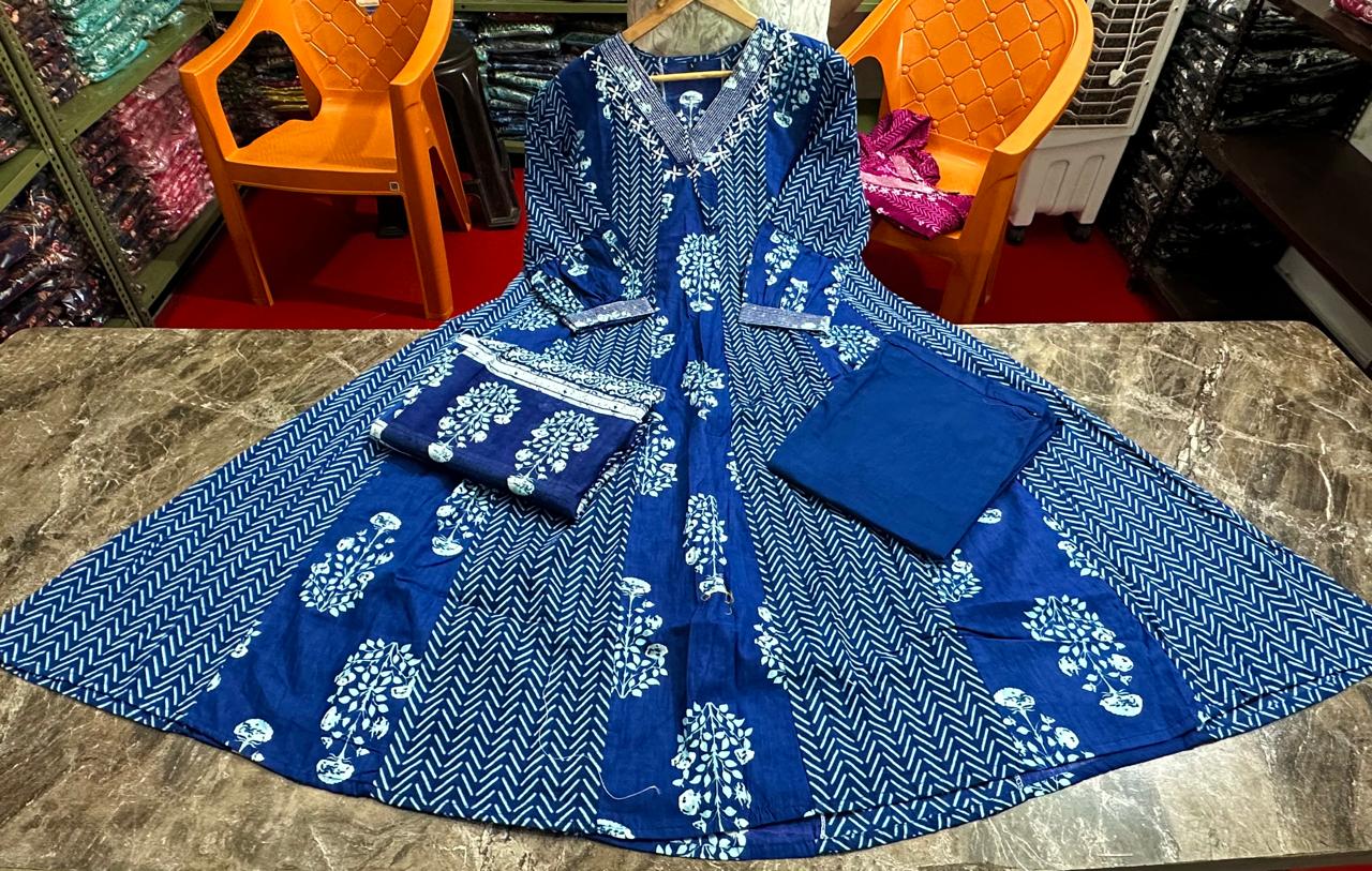Cotton Block Printed A Line Kurta Set