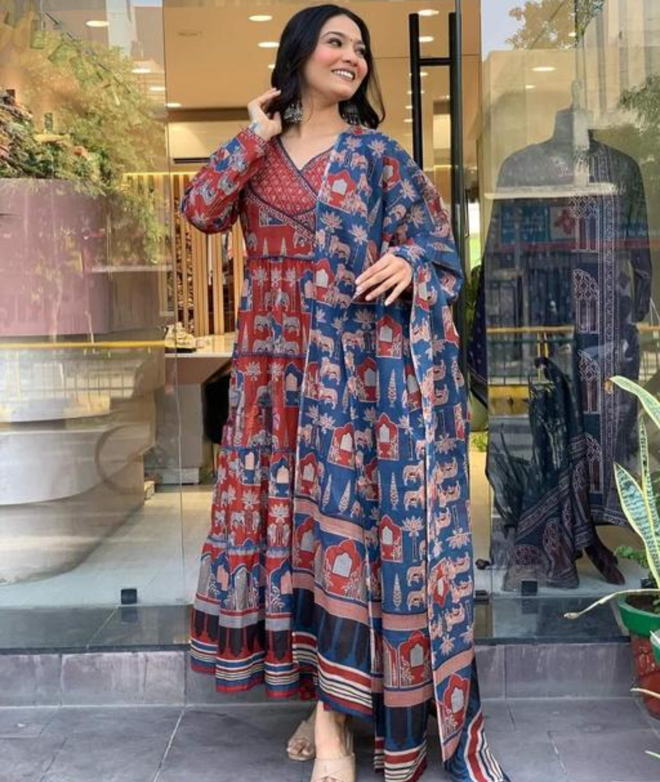 Red Block Printed Anarkali Kurta Set with Dupatta