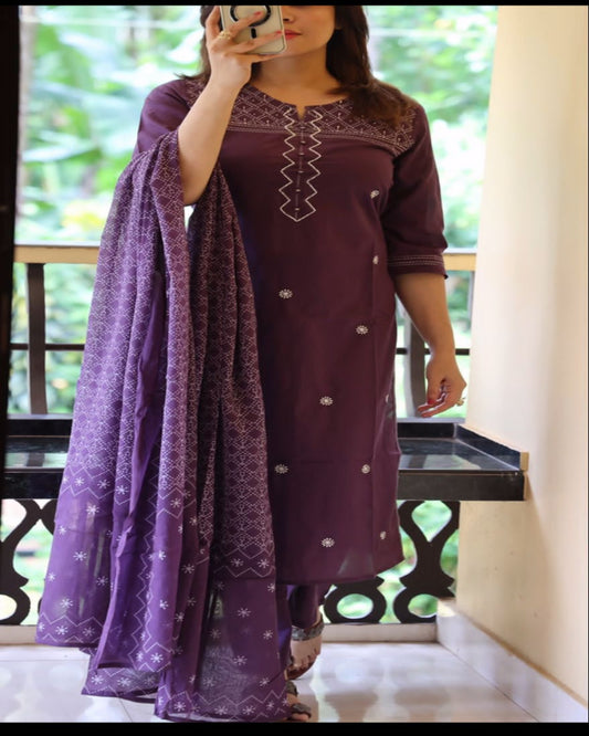 Dark Purple Embroidered Kurta Set