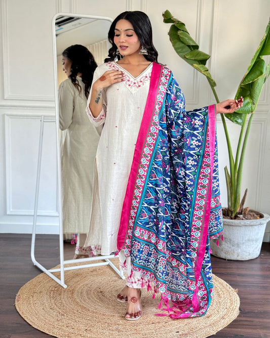 White Embroidered Kurta Set with Khadi Silk Dupatta