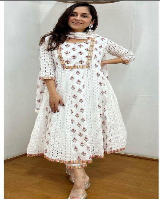 Schiffli White and Pink Anarkali Kurta Set