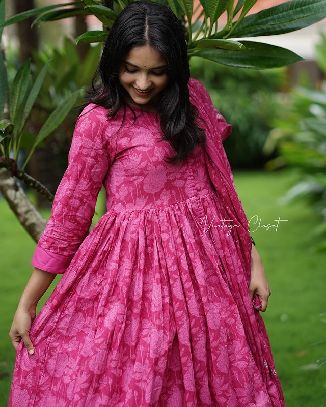 Pink Printed Anarkali Kurta Set