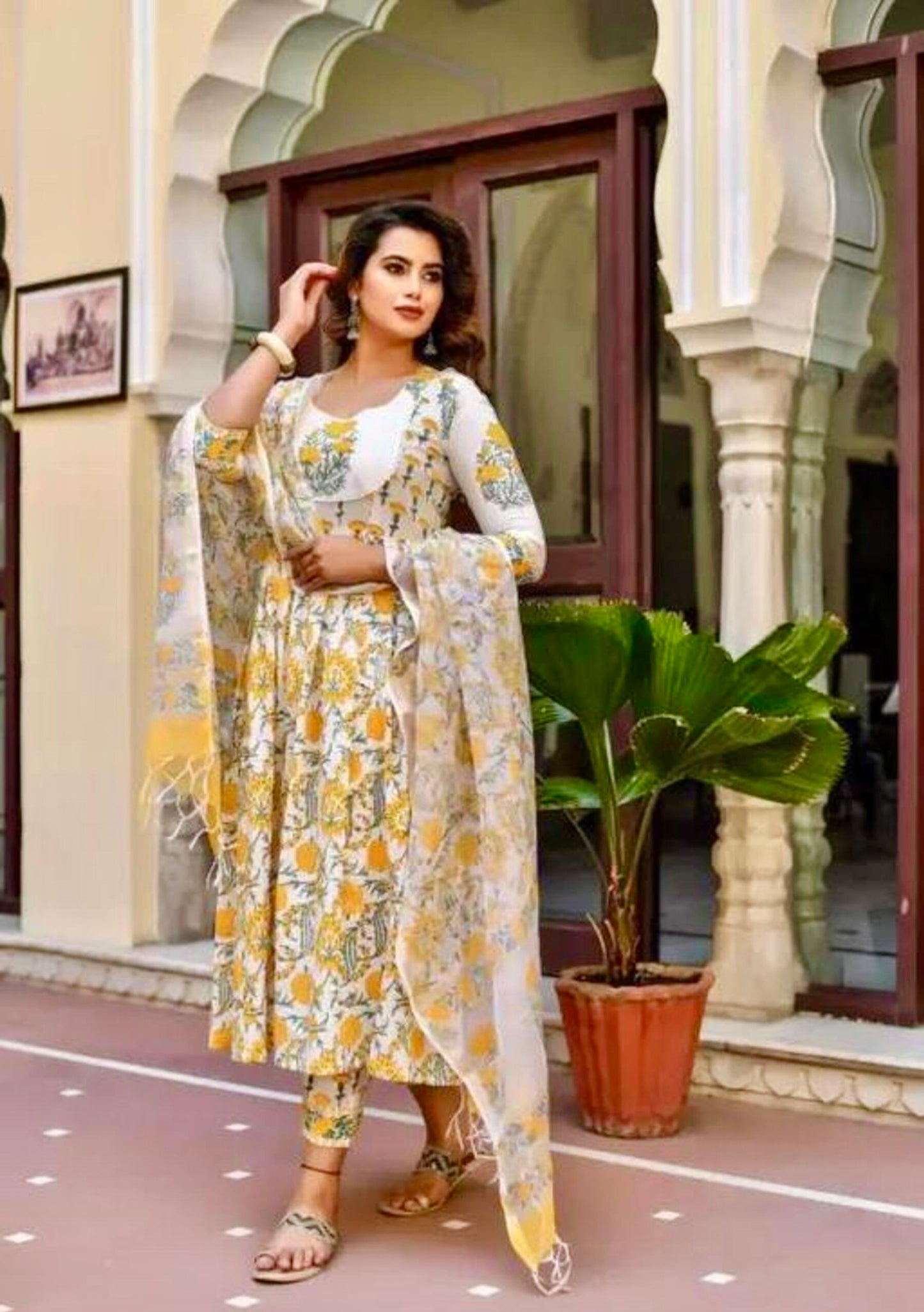 Yellow Cotton Anarkali Kurta Set With Kota Doria Dupatta