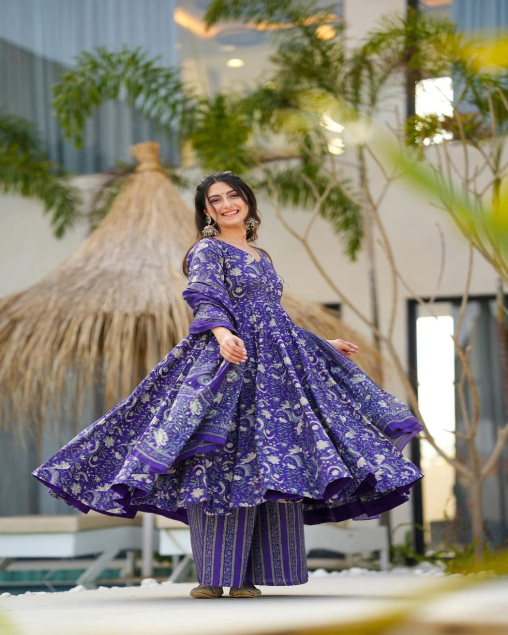 Purple Printed Cotton Anarkali Set
