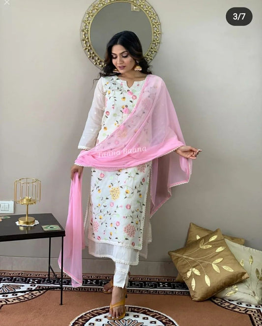 White and Pink Floral Embroidered Cotton Kurta Set