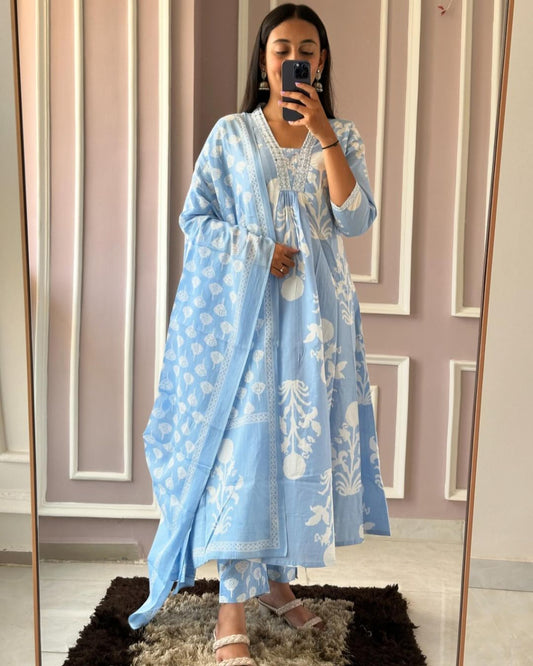 Blue Cotton Sanganer Print Kurta Set