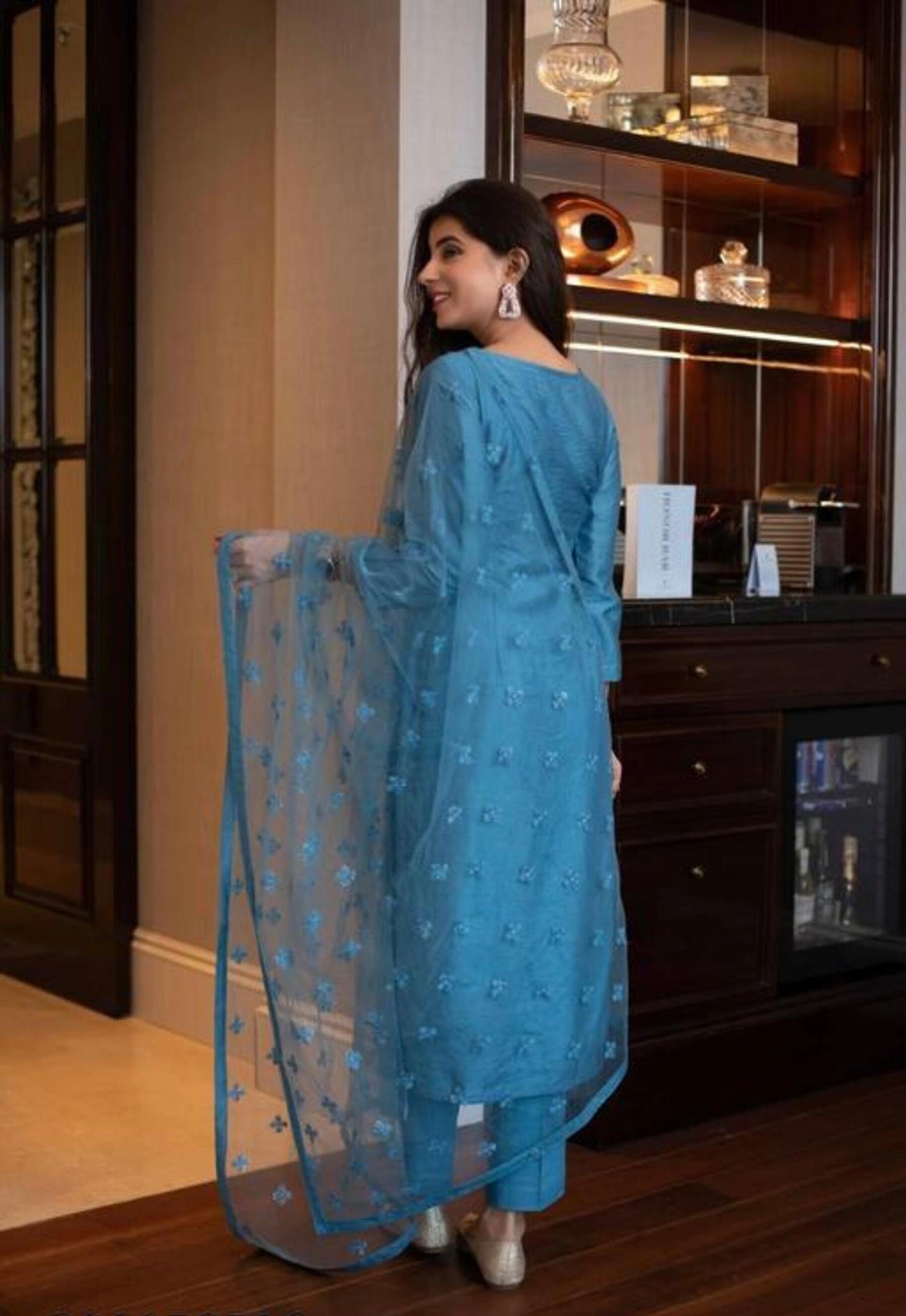 Peacock Blue Chifffon Kurta Set With Dupatta