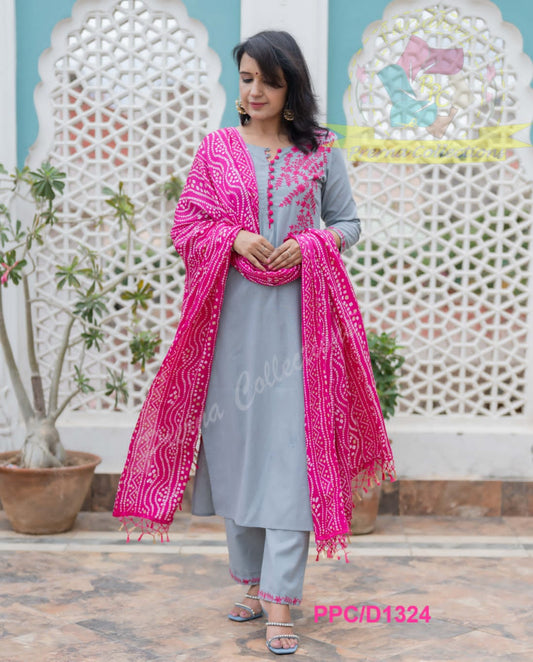 Grey and Pink Cotton Embroidered Kurta Set