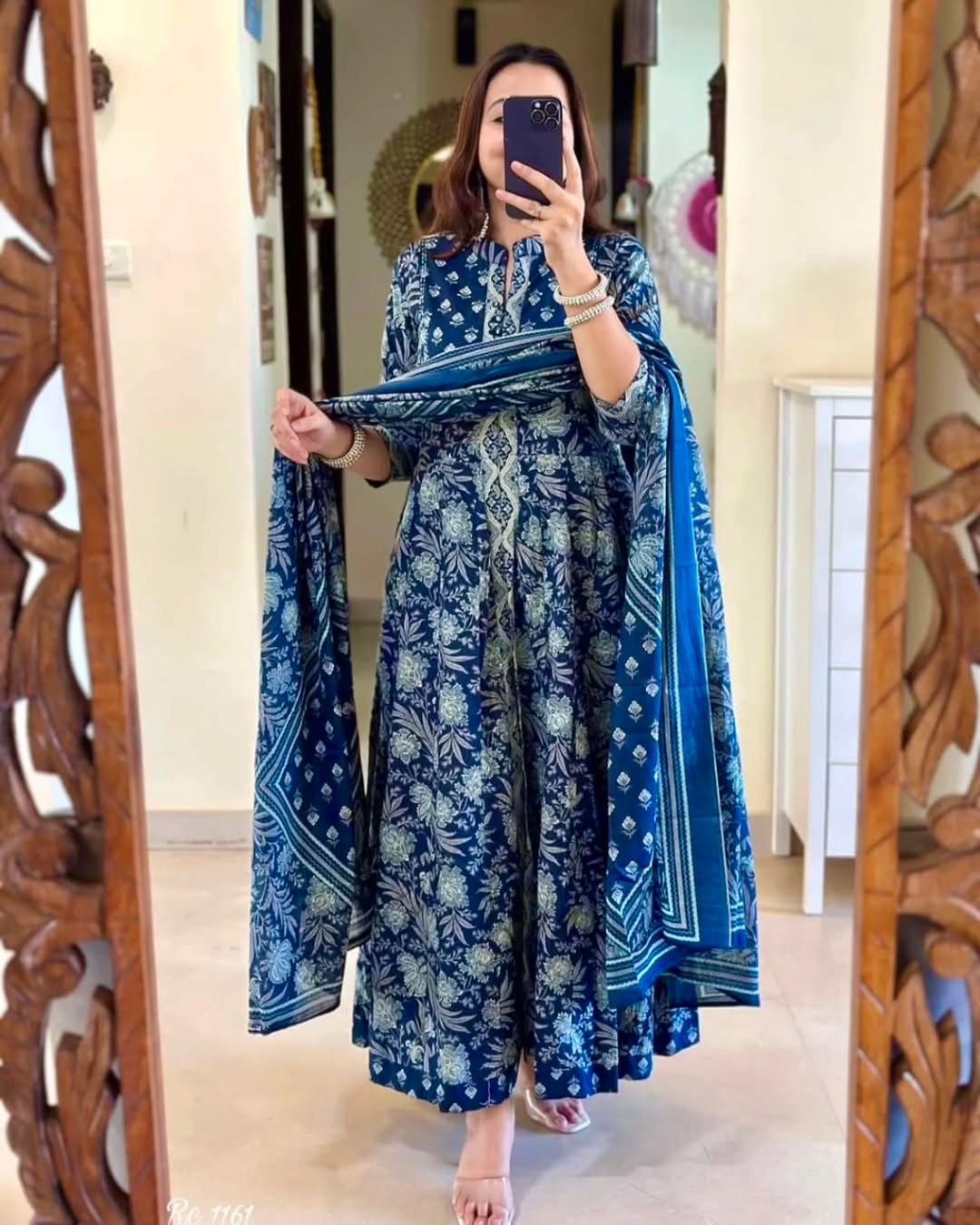 Blue Front Slit Cotton Printed Kurta Set