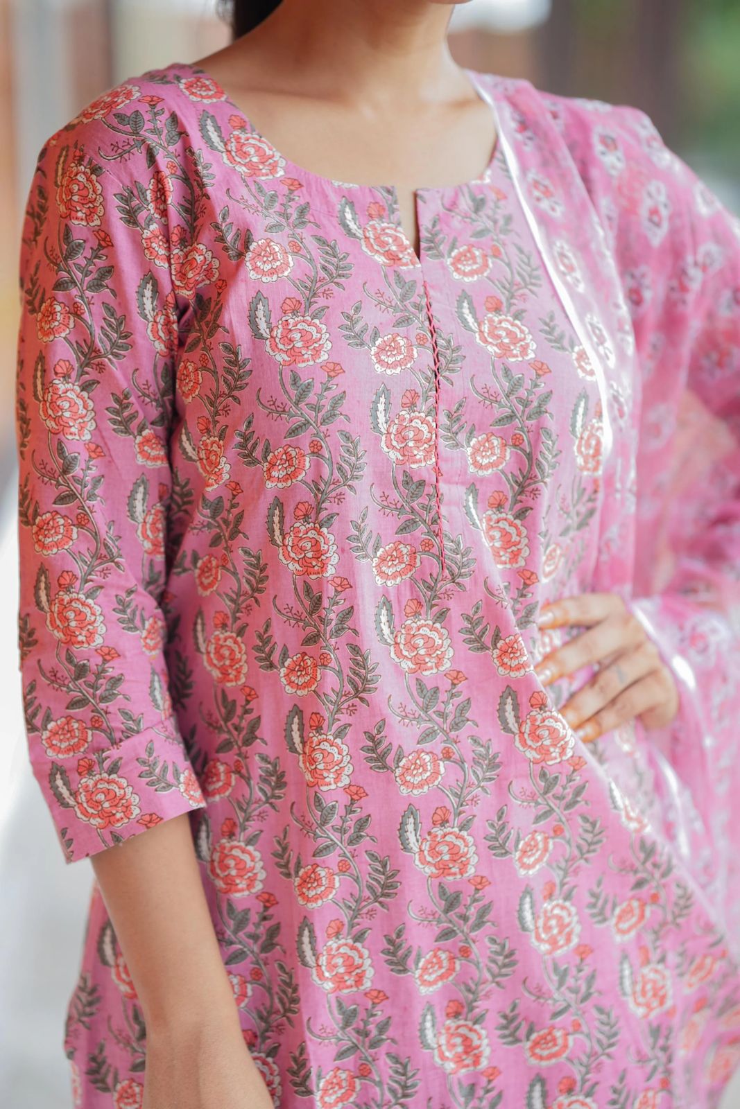 Pink Floral Block Printed Cotton Kurta Set