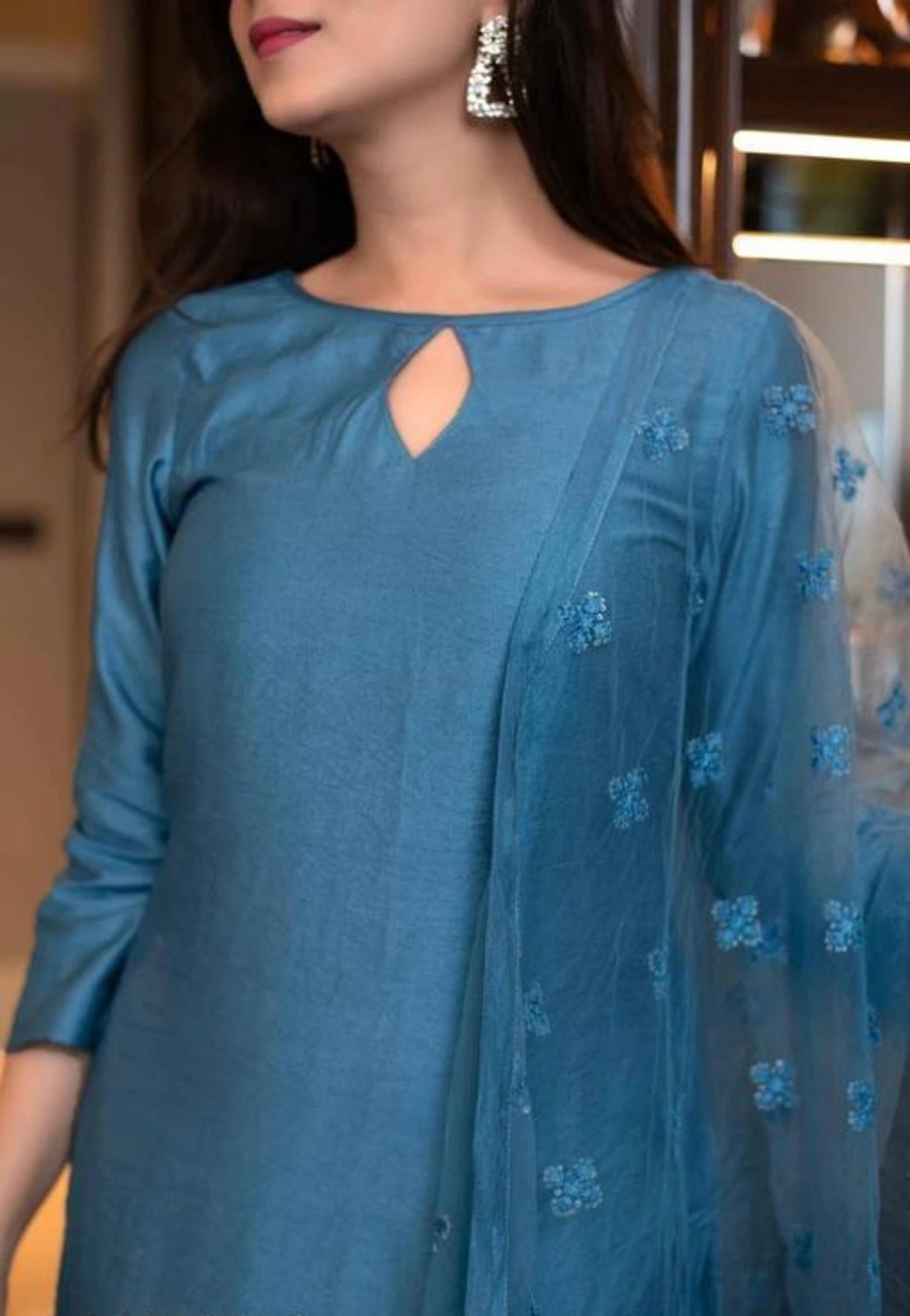 Peacock Blue Chifffon Kurta Set With Dupatta