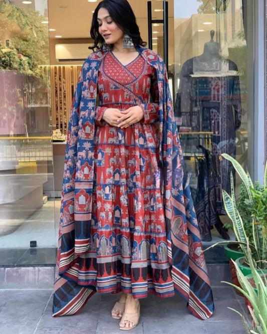 Red Block Printed Anarkali Kurta Set with Dupatta