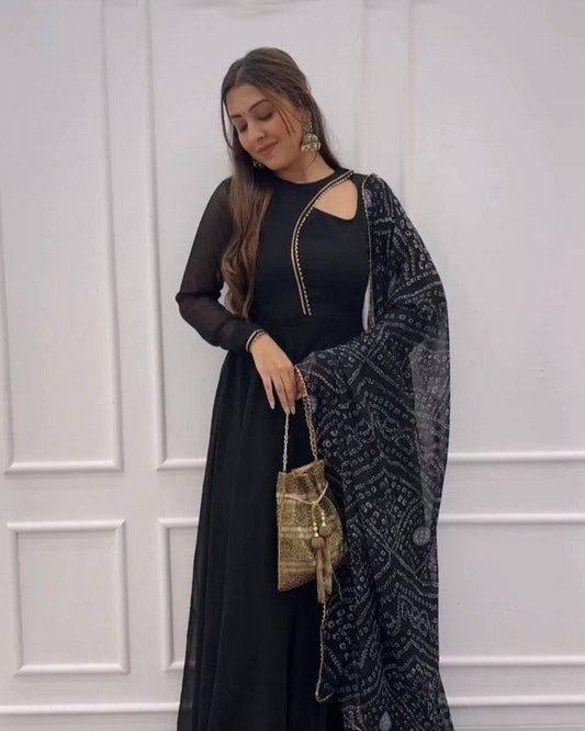 Black Designer Georgette Gown Kurta Set