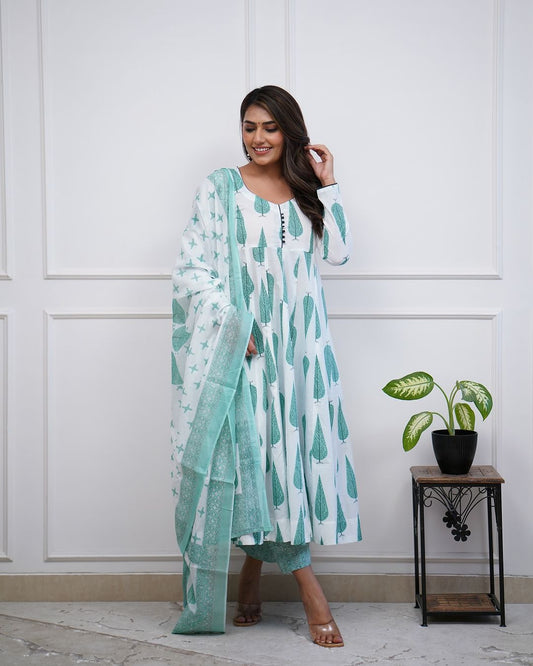 Cotton Block Printed Paisley Anarkali Set