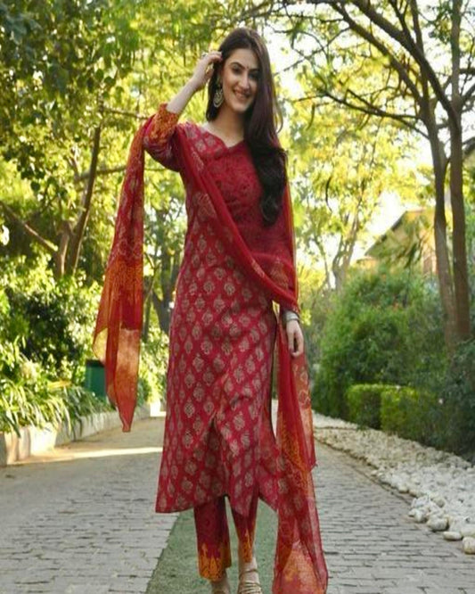 Printed Red Kurta Set With Dupatta