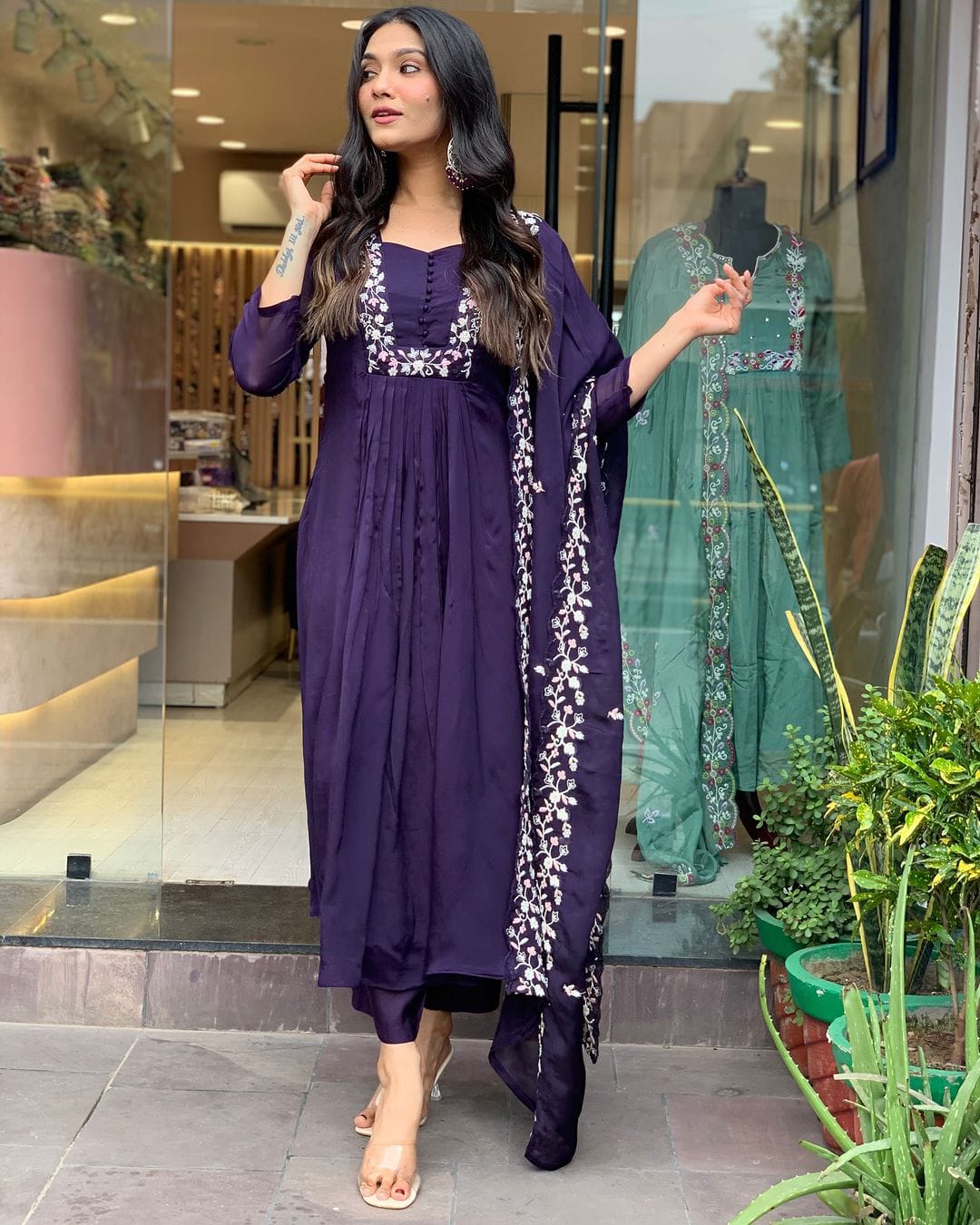 Purple Embroidered Cotton A Line Kurta Set