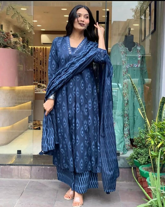 Blue Cotton A Line Kurta Pants Set