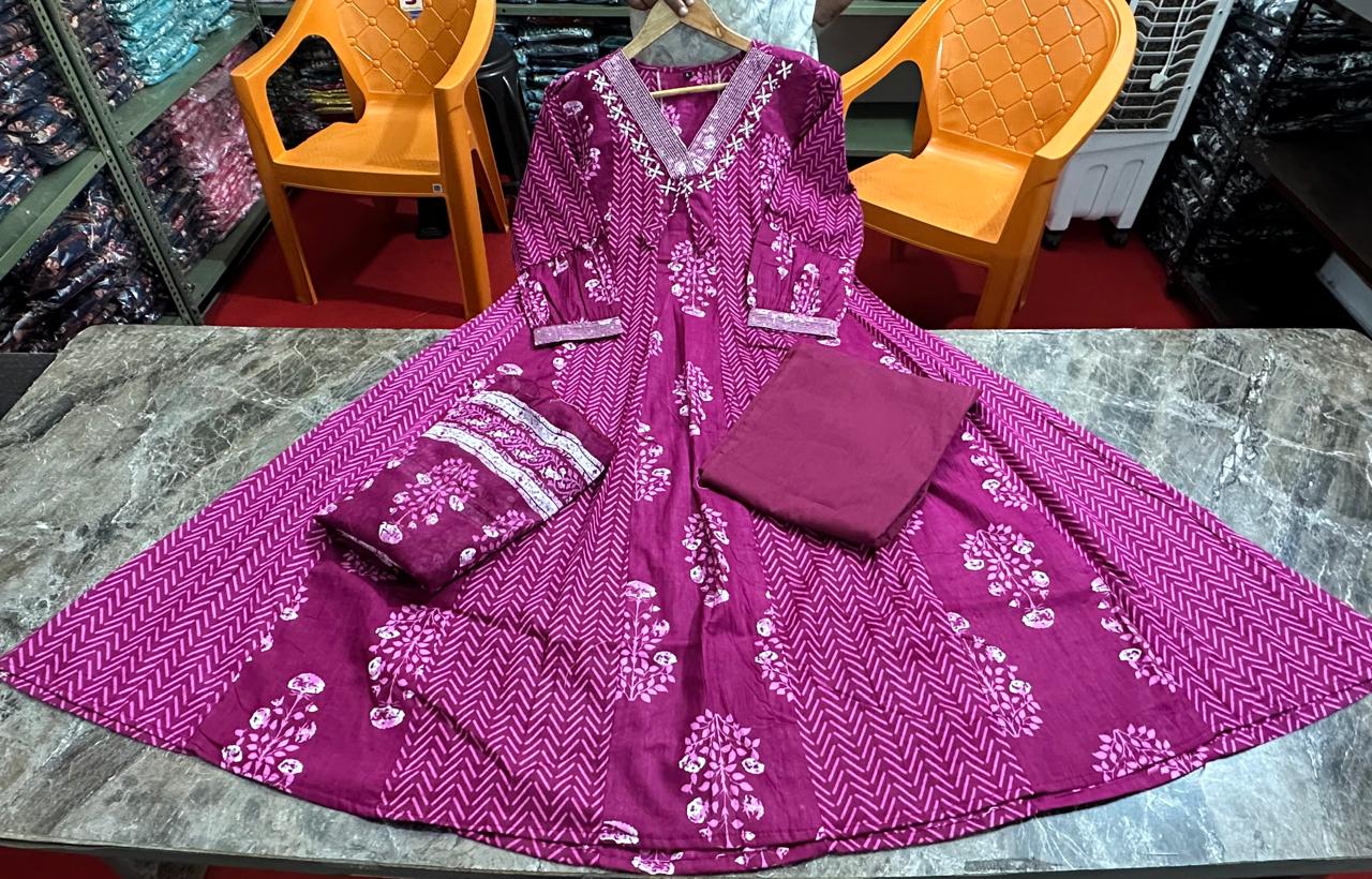 Cotton Block Printed A Line Kurta Set