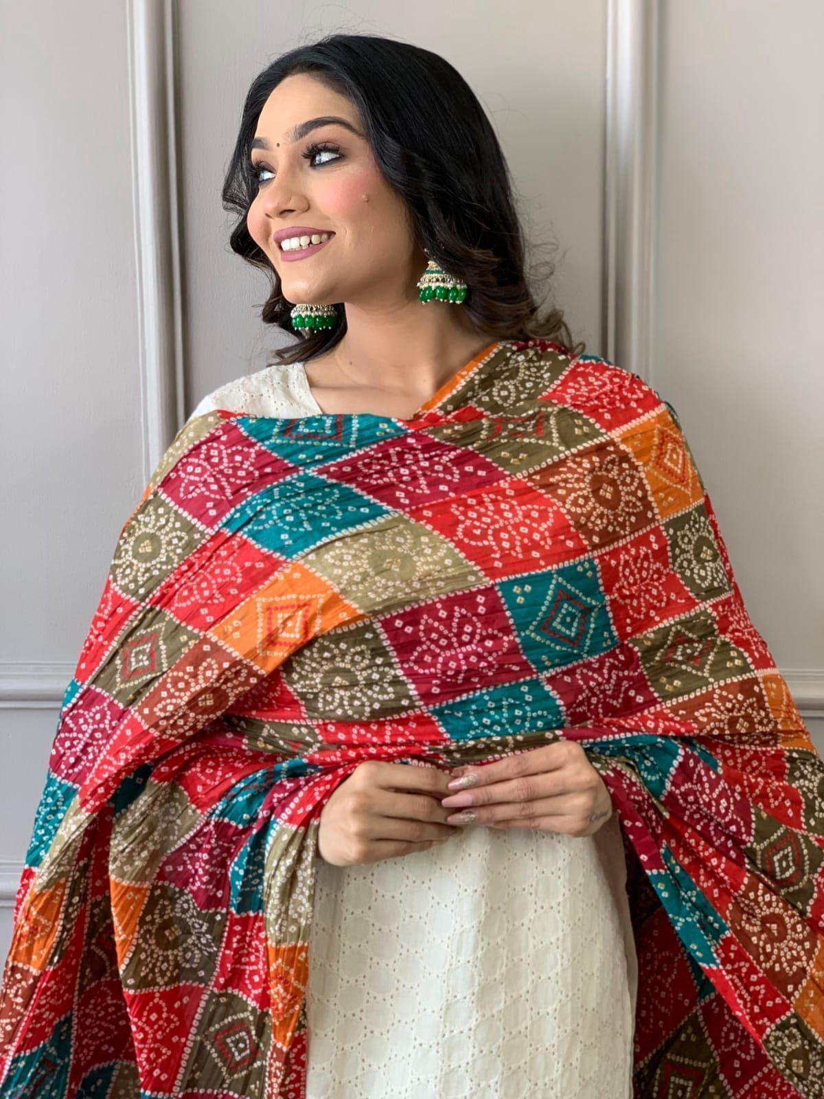 Cream Schiffli Kurta Set with Multicolored Dupatta