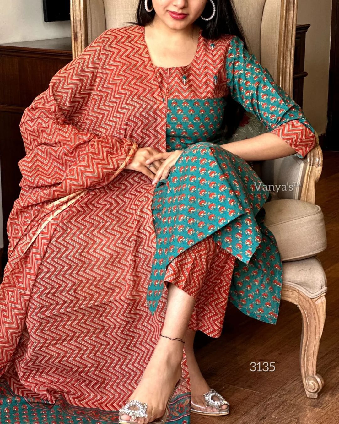 Green and Orange Cotton Kurta Set