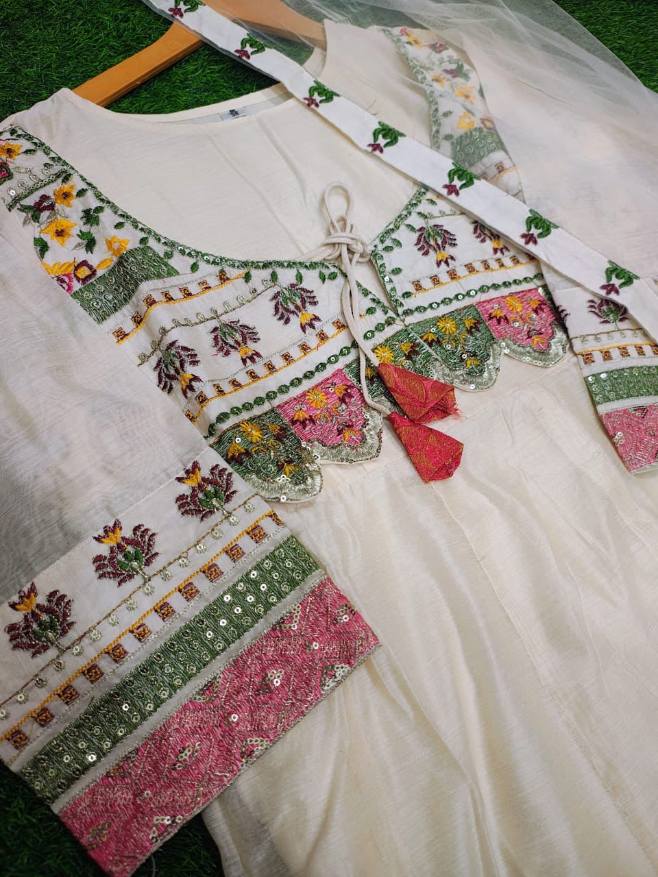White/Black Jacket Style Zari Embroidered Kurta and Dupatta Set